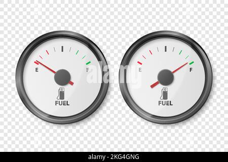 Vector 3D realistische Weißgas- und Schwarzgas-Tankanzeige, Ölstandsanzeige isoliert. Voll und leer. Details Zur Instrumententafel „Mietwagen“. Kraftstoffanzeige, Gasanzeige Stock Vektor