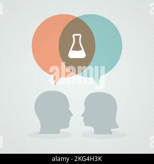 Dialog über Chemie. Sprechblasen, Frauen- und Männerkopf. Vektorgrafik, flaches Design Stock Vektor