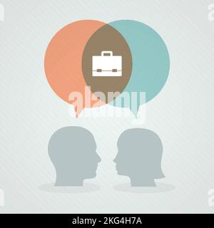 Dialog über das Geschäft. Sprechblasen, Frauen- und Männerkopf. Vektorgrafik, flaches Design Stock Vektor