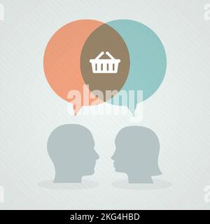 Dialog über Shopping. Sprechblasen, Frauen- und Männerkopf. Vektorgrafik, flaches Design Stock Vektor