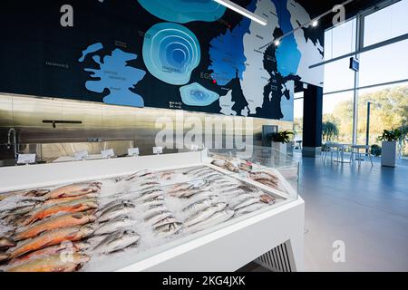 Lemberg, Ukraine - 09. Oktober 2022: Egersund Seafood Supermarket Norway Chain, Fisch und Meeresfrüchte Supermarkt. Stockfoto