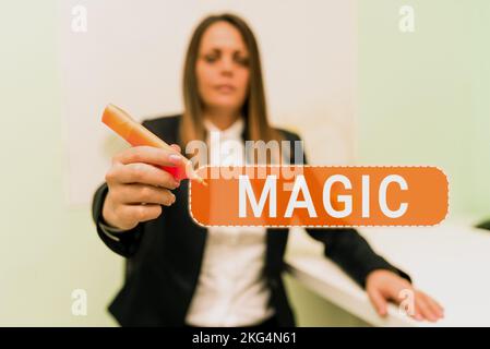 Text, der Inspiration Magic zeigt. Geschäftsidee Macht der Beeinflussung von Ereignissen durch mysteriöse oder übernatürliche Kräfte Stockfoto