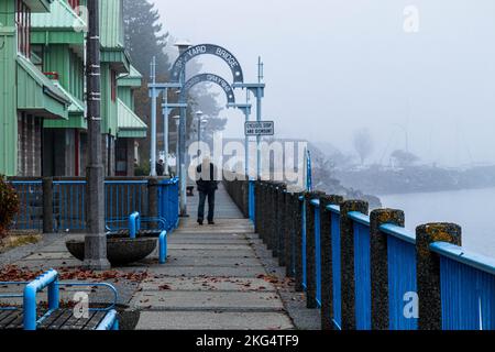 Der Fußweg am Wasser war im Nebel und ein alter Mann ging auf dem Holzweg. Friedliche, ruhige Szene mit altmodischen Straßenlaternen. Stockfoto