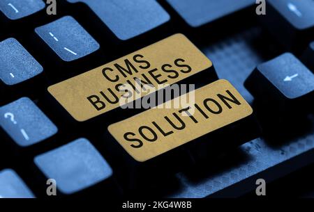 Textunterschrift zur Präsentation der CMS-Geschäftslösung. Geschäftsansatz Softwareanwendung zur Erstellung und Verwaltung von Websites Stockfoto
