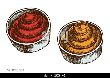 Street Food handgezeichnete Vektor Illustrationen Kollektion. Farbige Saucen. Stock Vektor