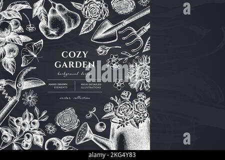 Gartenarbeit handgezeichnete Illustration Design. Hintergrund mit Kreidekanne, Äpfeln, Kirsche, Birnen, Schaufel, Rechen, Scheren, Kamille, Sonnenblume Stock Vektor