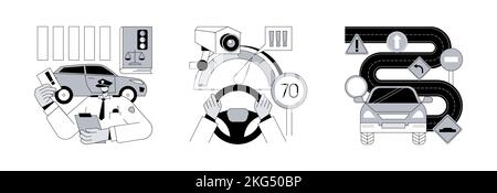 Fahrzeugbewegung Regelung abstraktes Konzept Vektor Illustration Set. Verkehrsgesetze, Geschwindigkeitskontrolle, Verkehrszeichen, Führerschein, Straßenverkehrssicherheit, Polizeiradar, Geschwindigkeitsbegrenzung, abstrakte Metapher für den Transport. Stock Vektor