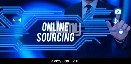 Textüberschrift für Online-Sourcing. Wörter, die zum Kauf von Waren und Dienstleistungen geschrieben werden, werden über das Internet vermittelt Stockfoto