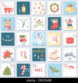 Weihnachts-Adventskalender in Cartoon-Flat-Stil. Handgezeichnete Vektordarstellung von Neujahrsfiguren und festlichen Gegenständen Stock Vektor