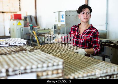 Porträt einer Bauernarbeiterin, die Kartons mit Gemüsesamen im Stapel auf das Gewächshaus lade Stockfoto
