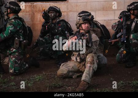 Soldaten der US-Armee, die der Sicherheitskräfte-Unterstützungsbrigade 5. zugewiesen sind, arbeiten zusammen mit Soldaten der indonesischen Armee an der Erzielung eines simulierten Ziels während einer Übung im Joint Pacific Multinary Readiness Center Rotation 23-01 in South Range, Hawaii, 31. Oktober 2022. JPMRC 23-01 ist ein regionales Kampftrainingszentrum, das die Kampfbereitschaft in der amerikanischen Pacific Division fördert und eine Schlüsselrolle in der Zusammenarbeit der Armeekräfte mit regionalen Verbündeten und Partnern darstellt. Stockfoto