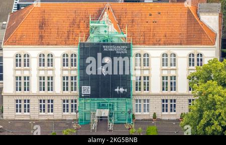 Luftaufnahme, Kurhaus Bad Hamm, Fassadensanierung, Leinwand für Westfälisches Musikfestival Hamm, Uentrop, Hamm, Ruhrgebiet, Nordrhein-Westfalen, Deutsch Stockfoto