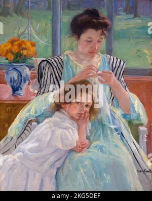 Junge Mutter Nähen, (1900), Gemälde von Mary Cassatt Stockfoto