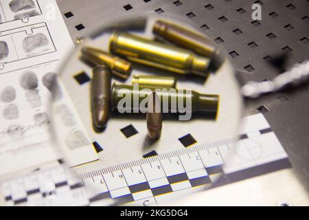 Kugeln, Patronengehäuse, Patronen liegen auf einer Fingerabdruckkarte unter einer Lupe Stockfoto