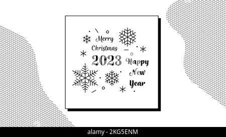 Neujahr und frohe Weihnachten 2023, schwarz-weiße Karte, Comic-Vektor-Stil, Cliparts Elemente mit Gruß handgeschriebenen Texten und Schneeflocken Stock Vektor