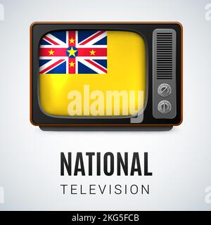 Vintage TV und Flagge von Niue als Symbol für National Television. Tele-Empfänger mit Niuen-Alarmmeldung Stock Vektor