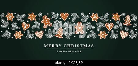 Fröhliche Weihnachten, Frohes Neues Jahr festliches Webbanner. Handgezeichnete Lebkuchen, Sterne und weiße Tannenzweige auf dunkelgrünem Hintergrund. Winter Stock Vektor