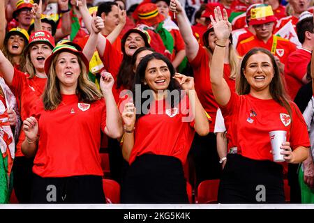 Doha, Katar. 21.. November 2022. Ahmed bin Ali Stadium Fans von Wales während eines Spiels zwischen den Vereinigten Staaten und Wales, gültig für die Gruppenphase der Weltmeisterschaft, im Ahmed bin Ali Stadium in Al-Rayyan, Katar, abgehalten. (Marcio Machado/SPP) Quelle: SPP Sport Press Foto. /Alamy Live News Stockfoto