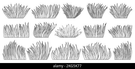 Gras natürliche organische Rasen Umriss Set. Malbuch Seite Sommer Kräuterwiese. Öko-Pflanze frischen separaten Busch. Verschiedene Form lineare Kräuterrasen. Grüne Blätter Linie Symbol. Rand mit Laublandschaft Stock Vektor