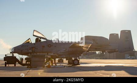 A-10 Thunderbolt IIS, vom 124. Fighter Wing, bereiten sich auf den Flug nach Bozeman, Montana vor, um einen Überflug des Fußballspiels der Montana State University gegen die University of Montana durchzuführen, 19. November 2022, Gowen Field, Boise, Idaho. Dieses Fußballspiel ist bekannt als die Schlägerei der Wildnis und wurde von diesen beiden Teams 121 Mal seit 1897 gespielt. (USA Foto der Air National Guard von Senior Master Sgt. Joshua C. Allmaras) Stockfoto