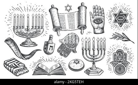 Jüdisches Set. Religion Konzept vintage Skizze Vektor Illustration. Kollektion Elemente für die Dekoration von religiösen Feiertagen Stock Vektor