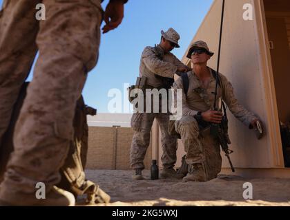 US Marine CPL. Alejandro Rivero, ein Fahrer mit leichten Panzern, Und 1. LT. Luke Oberrieder, ein Zugkommandant, beide mit Headquarters Company, 3. Light Armored Reconnaissance Bataillon, 1. Marine Division, führt während einer bilateralen Trainingsmission mit Soldaten der Vereinigten Arabischen Emirate im Marine Corps Air Ground Combat Center Twentynine Palms, Kalifornien, 5. Oktober 2022, einen Ausrüstungscheck durch. Die Schulung konzentrierte sich auf die Entwicklung der Intelligenz, Überwachung, Zielakquisition und Aufklärungsfähigkeiten der VAE-Dienstmitglieder. Stockfoto