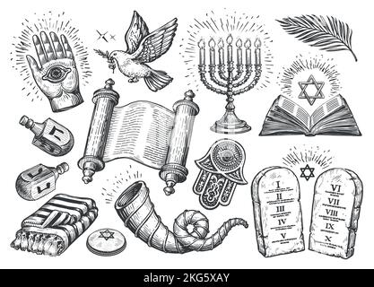 Jüdisches Set. Religion Konzept Skizze Vektor Illustration. Tora-Schriftrolle, Menora, Shofar, Tafeln mit Geboten Stock Vektor