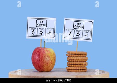 Food Choices Cookies oder Apfel, Informationsetiketten zeigen die Menge an Bewegung, Gehen, Laufen und Schwimmen, die benötigt werden, um die Kalorien für e arbeiten Stockfoto