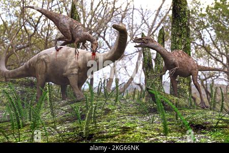 Eine 3D-Darstellung von zwei ornitholesten Dinosauriern, die einen jungen Brontosaurus angreifen. Stockfoto