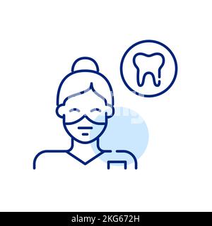 Weibliche Zahnpflegerin trägt eine chirurgische Maske. Pixel-perfektes, bearbeitbares Strichsymbol Stock Vektor