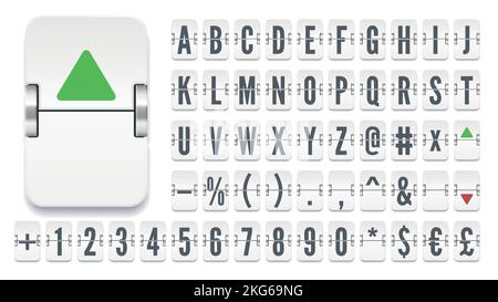 Weißes Flipboard am Flughafen mechanisches Alphabet mit Zahlen für Ziel- oder Finanzinformationen. Schriftart der Anzeigetafel für die Anzeige der Vektorgrafik für die Kursdaten Stock Vektor