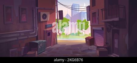 Leere Hintergasse und Stadtstraße mit Häusern bei Sonnenaufgang am frühen Morgen. Stadtlandschaft mit Gassen zwischen alten Gebäuden, Mülltonnen, Kisten und rosa Himmel mit Mond, Vektor-Cartoon-Illustration Stock Vektor