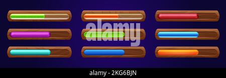 Satz von hölzernen Fortschrittsbalken mit verschiedenen Farbskalen isoliert auf dem Hintergrund. Vektorgrafik Cartoon Illustration von Spiel ui Design-Elemente, die Ladevorgang, Zeit, Macht, Leben, Vermögensstatus Stock Vektor