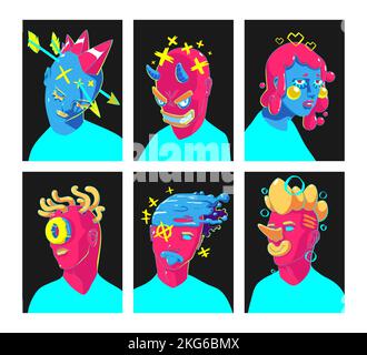 Zeitgenössische Porträts, abstrakte Gesichter Moderne Illustration. Vektordesign. Kreative surreale Kunst der männlichen und weiblichen Charaktere mit rosa oder blauer Haut und seltsame Frisur, Cartoon lineare Grafiken gesetzt Stock Vektor