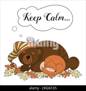 RUHIGE TIERE schlafender Wald Cartoon Vektor Illustration Set für Druck Stock Vektor