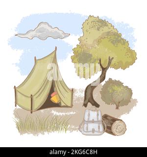 CAMPING Rest am Natur Picknick Urlaub Hand gezeichnet Cartoon Vektor Illustration Set für Print Stock Vektor