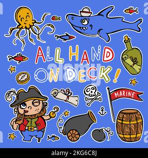 CAPTAIN HAKEN UND HAI Schädel und Barrel Handgezeichnet Text Cartoon Piraten Aufkleber Clipart Meer Attribute und Objekte Vektor Illustration Set for Design Stock Vektor