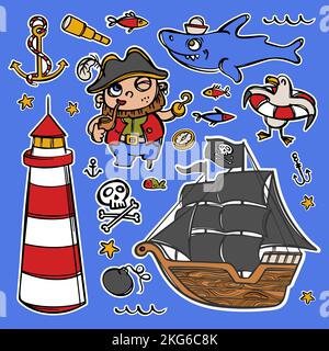 CAPTAIN HAKEN UND LEUCHTTURM Piraten Segelboot mit schwarzen Segeln Handgezeichnete Cartoon Aufkleber Meer Attribute und Objekte Vektor Illustration Set für Design Stock Vektor