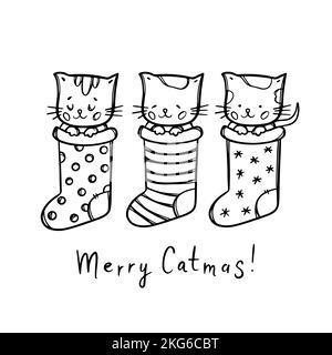 KATZE WEIHNACHTEN MALVORLAGEN Niedliche Kätzchen in New Years Socken handgeschriebener Text Monochrome Grußkarte Cartoon Handgezeichnete Cliparts Vektor Illustration F Stock Vektor