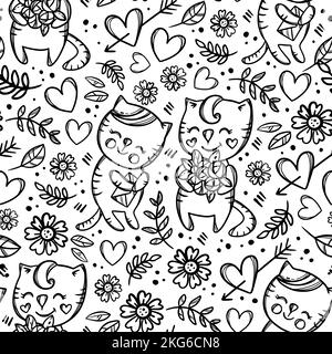 KATZE GIBT BLUMENSTRAUSS MONOCHROME Rosen zu seiner Freundin, die Brief und Smiles hält Valentinstag Cartoon Hand gezeichnet Nahtloses Muster Vektor Illustration Stock Vektor