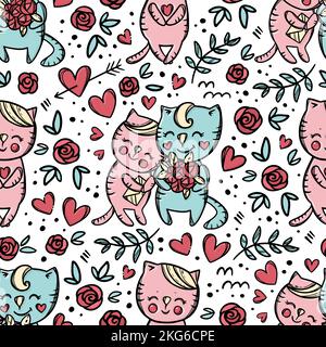 KATZE GIBT BLUMENSTRAUSS Rosen zu seiner Freundin, die Brief und Smiles hält Valentinstag Cartoon Hand gezeichnet Bunte nahtlose Muster Vektor Illustration F Stock Vektor