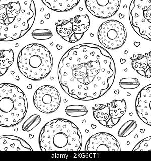 KATZE IM DONUT Niedliche Kätzchen stecken seinen Kopf in Donut und süße Bisquits Urlaub Cartoon Monochrom Hand gezeichnet Nahtloses Muster Vektor Illustration für Stock Vektor