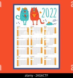 CAT LOVE KALENDER 2022 Jahre Druckbare Vorlage Business Organizer Zeitplan Seite für Einen Tag für effektive Planung Flat Style Design Clip Art Vektor krank Stock Vektor