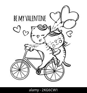 KATZE AUF DEM FAHRRAD Pussycat Hugs her Lover Who Rolls her on the Cloud Valentine Day Cartoon Tiere Hand gezeichnet Monochrom Clip Art Vektor Illustration Stock Vektor
