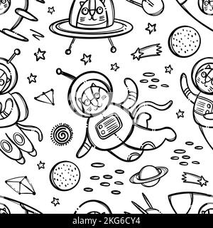 KATZE RAUMMUSTER MONOCHROME Niedliche kosmische Tier Reisen in Spacesuit und in Rakete unter Planeten der Galaxie Cartoon Hand gezeichnet Hintergrund Vektor Illu Stock Vektor