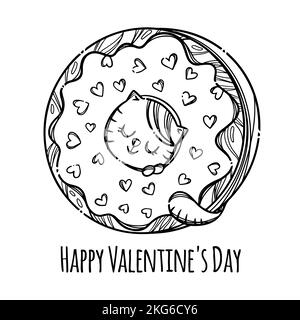 KATZE VALENTINE DONUT Cute Kitten steckte seinen Kopf in Donut Sweet Holiday Cartoon Monochrom von Hand gezeichnet mit Handschrift Text Clip Art Vektor Illustration Stock Vektor