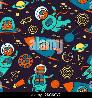 KATZE RAUMMUSTER Cute Cosmic Animal Reisen in Spacesuit und in Rakete unter den Planeten der Galaxie Cartoon Hand gezeichnet auf dunklen Hintergrund Vektor Illustr Stock Vektor