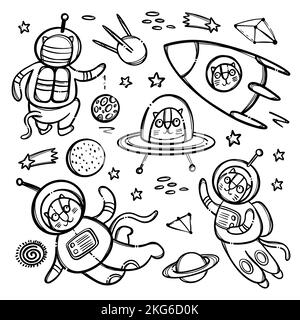 KATZENRAUM MONOCHROME Niedliche kosmische Reise Tier in Spacesuit und in Rakete unter Planeten und Sternbilder der Galaxie Cartoon Hand gezeichnet Vektor-Illu Stock Vektor