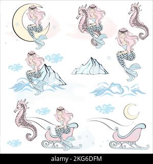 WEIHNACHTEN MEERJUNGFRAU ZEICHEN Cartoon Winter Prinzessin Frohe Weihnachten Neujahr Vektor Illustration Set für Print Stock Vektor