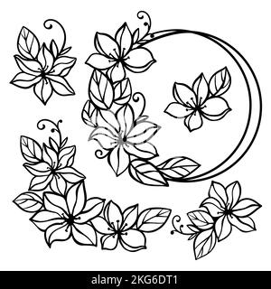 CLEMATIS LINIE Art Wedding Monochrom Sammlung von Blumen und Blumensträuße in Rahmen durchbrochene Konturen für Print Cartoon Cliparts Vektor Illustration SE Stock Vektor